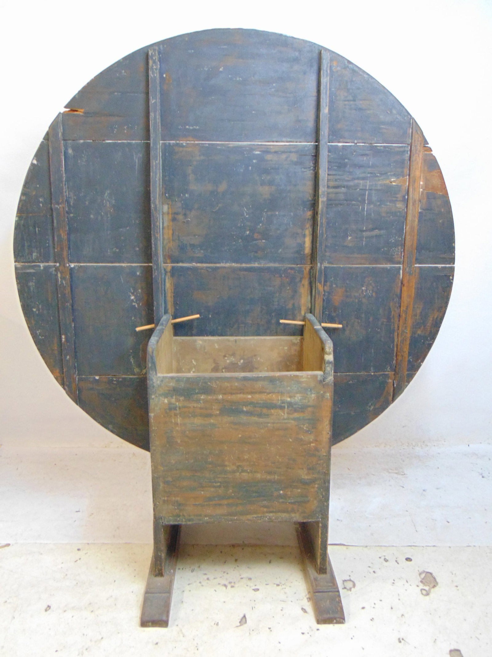 Tilt top hutch table in old blue paint (base), diameter is 52.75", missing dowels, height with top: Tilt top hutch table in old blue paint (base), diameter is 52.75", missing dowels, height with top down is 28"