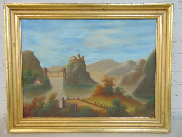 Painting, landscape with castle, bridge & river, signed Colandrea, oil on linen, gilt framed, old (1 of 4)