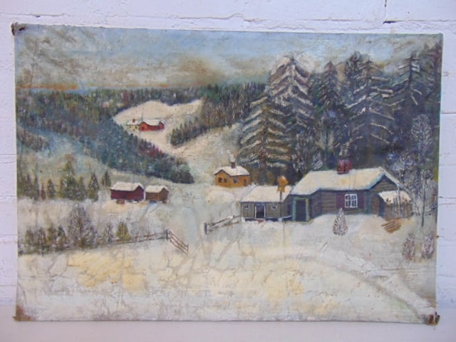 Painting, winter landscape with farm, houses, unsigned, oil on canvas, has condition issues, loose (1 of 4)