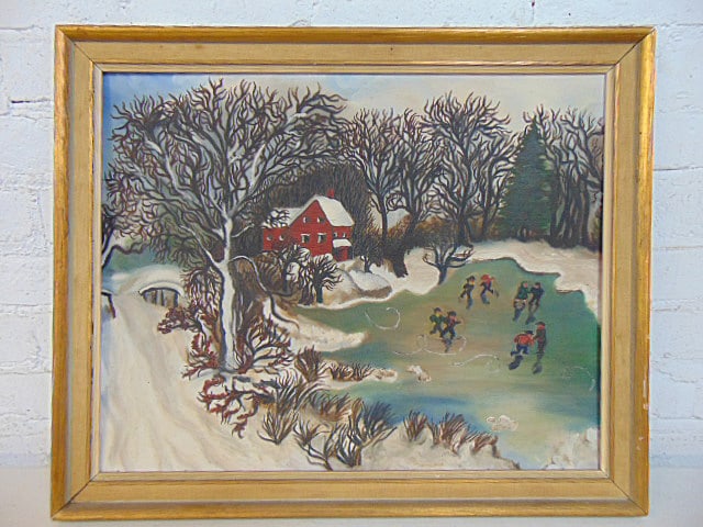 Painting, folksy winter scene with figures skating on pond, oil on canvas board, 16" by 20", framed (1 of 5)