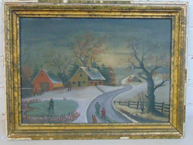 Painting, winter scene with figures with sleds on country road with houses, folk art, unsigned, oil (1 of 5)