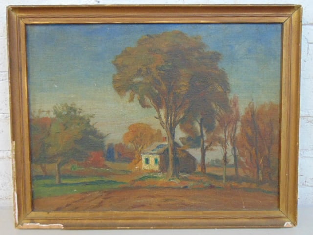 Painting, house under large tree, unsigned, "Big tree, White House" written on reverse, oil on: Painting, house under large tree, unsigned, "Big tree, White House" written on reverse, oil on canvas, 13.75" by 17 5/8" (framed size)