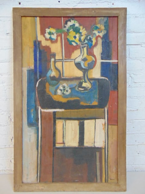 Painting, still-life with flowers on table, signed S.E.W., oil on canvas, mid Century period, 36.75" (1 of 4)