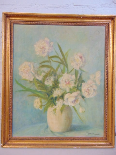 Painting, floral still-life, signed illegibly, F.A..tacher..?, oil on canvas, 27.5" by 23 3/8" (1 of 5)