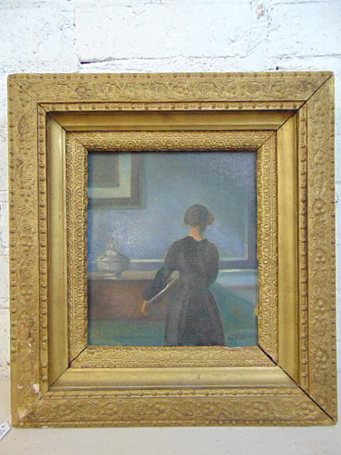 Painting, woman by wall, signed Berghart or Bergholtz ?, oil on canvas, 9.25" by 8.25", framed size (1 of 5)