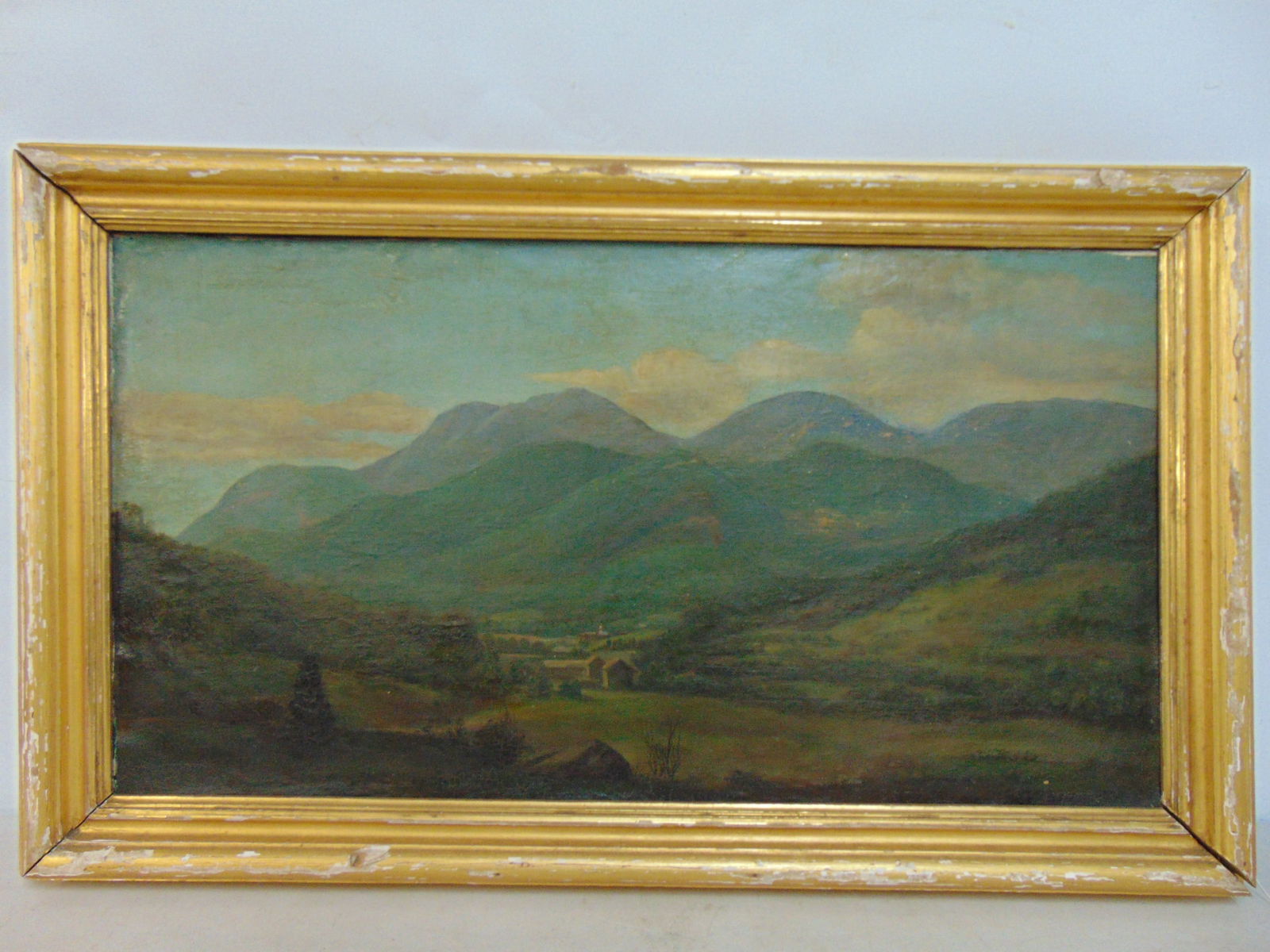 Painting, landscape with small village in mountain setting, unsigned, oil on canvas, canvas is 13" (1 of 5)