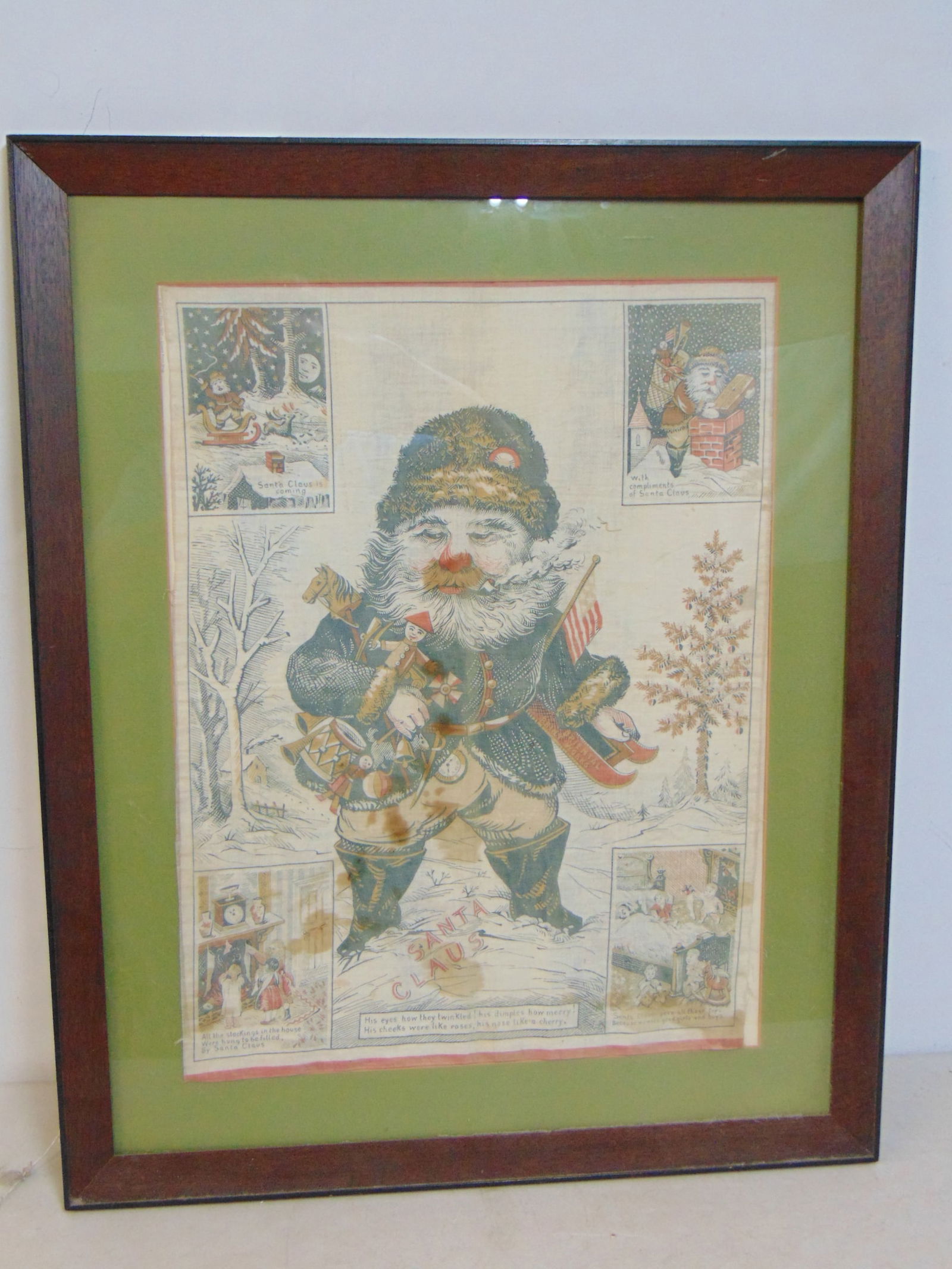 Framed fabric (silk ?) panel, "Santa Claus", large Santa figure in center, with 4 smaller Christmas (1 of 7)