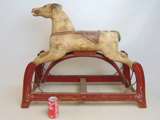 Childs rocking horse on base, carved wood, base in old red paint, white paint on horse worn, 33.75" (1 of 6)