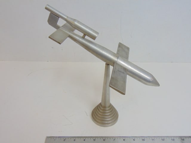 Cast aluminum model of V1 flying bomb, 12 3/8" long, wing span is 8.75", height is 9" (when (1 of 4)