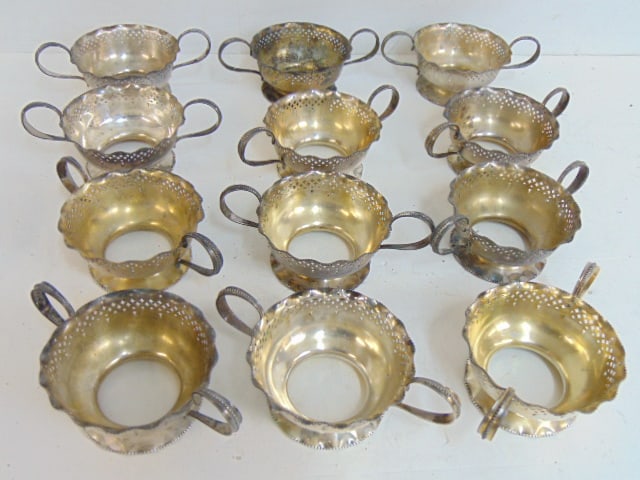 Set 12 sterling silver cup holders, no inserts, double handled, 38 troy (1 of 4)