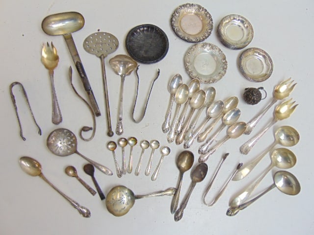 Misc. lot sterling silver, flatware, small saucers, tea ball, 27 troy silver (1 of 5)
