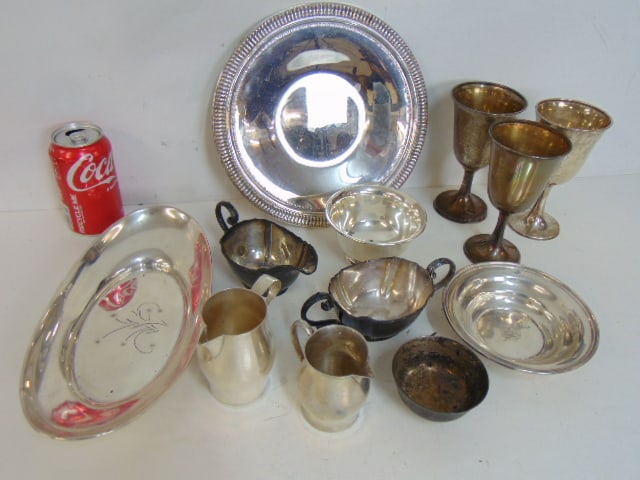 Lot sterling silver hollowware, goblets, bowls, pitcher, plate etc., total weight is 55 troy (1 of 4)