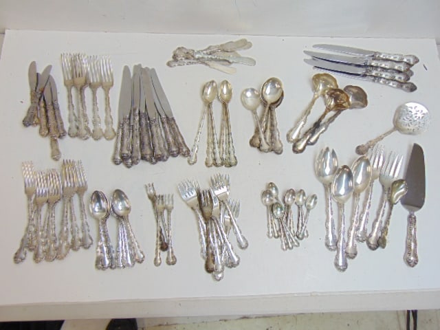 Large set Gorham sterling silver flatware, Strasbourg pattern, 120 troy plus knives, includes 7 (1 of 8)