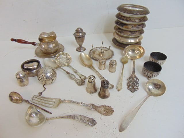 Lot sterling silver, cups, flatware, tea ball plus sterling rimmed glass coasters, 17.5 troy plus (1 of 4)