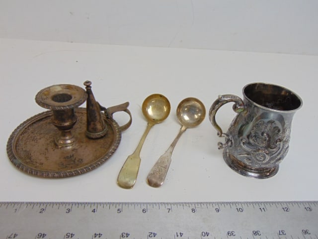 Sterling silver candle holder & Georgian silver cup, plus two ladles, 21 troy (1 of 7)