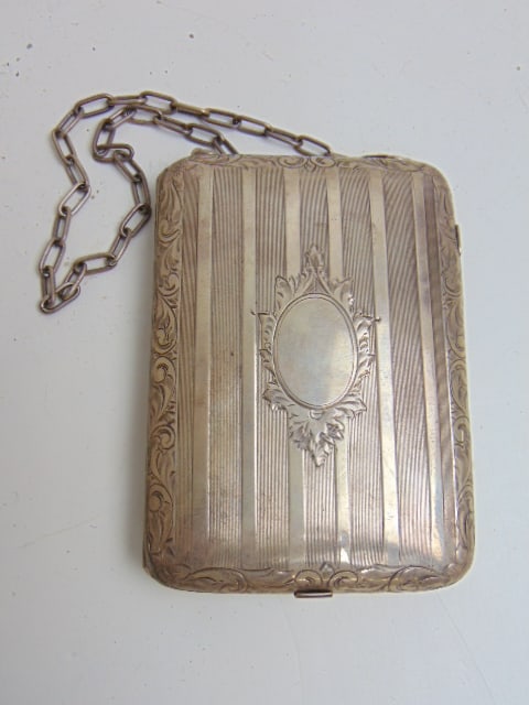 Silver compact with hinged compartments, small mirror, with chain, no monogram, 3.75" by 2 5/8", 4 (1 of 5)