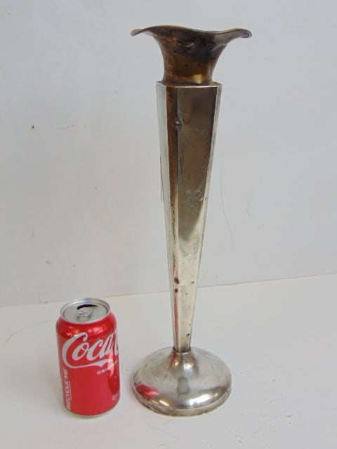Large sterling silver weighted trumpet vase, rim dented, height is 16" (1 of 4)