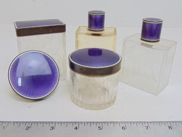4 silver enameled top glass jars, bottles, plus extra lid, purple enameled lid, pair of bottle are 3 (1 of 5)
