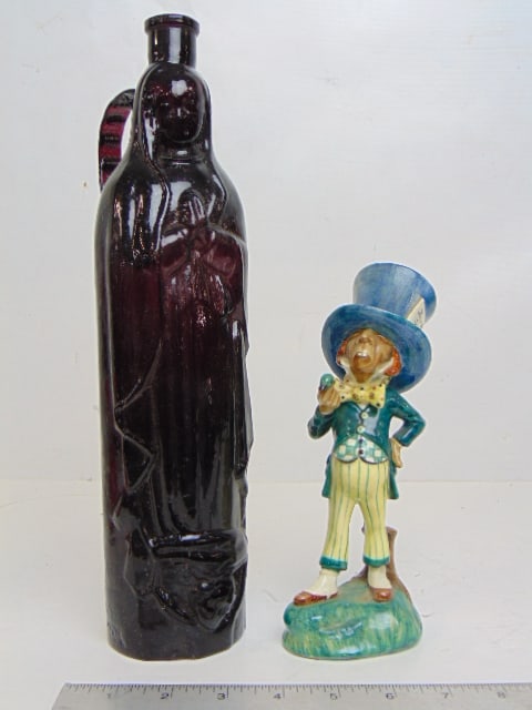 Early virgin Mary figural glass bottle & Mad hatter ceramic figure, "Madhatter" by Pridla (?), dark (1 of 6)
