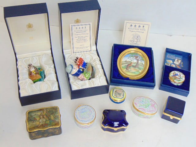 Lot of Halcyon Days enamel boxes and enamels plus Limoges boxes, includes Halcyon Days Bonbonnieres (1 of 16)