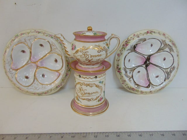 Two oyster plates & small porcelain teapot on warmer base, plates are 8 5/8" in diameter, good (1 of 5)