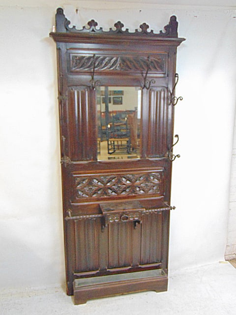 Gothic revival hall tree with original beveled glass mirror, late 19th Century French, with original (1 of 5)
