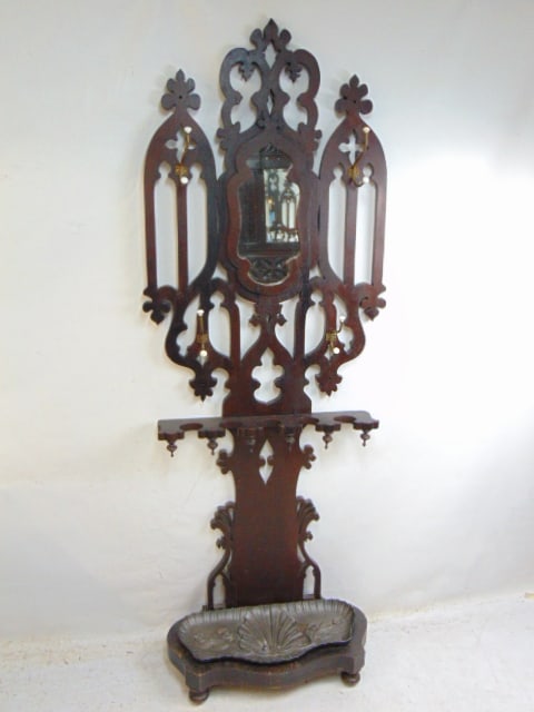 Mahogany hall tree, 1890s Hudson Valley Victorian scrollwork hall tree/ coat rack. With original (1 of 4)