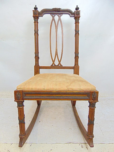 R.J. Horner rocking chair with applied bronze decoration, upholstered seat, chair is 18.5" wide, 18": R.J. Horner rocking chair with applied bronze decoration, upholstered seat, chair is 18.5" wide, 18" deep, height is 37.5"