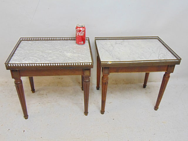 pair small marble top stands with brass galleries, stands are 18" wide, 13" deep, 17" tall, one has (1 of 4)