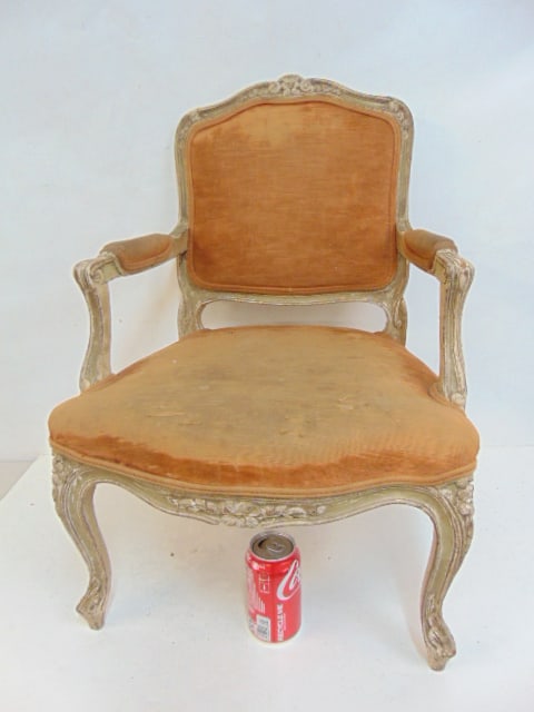 Antique French child's chair, white painted frame, upholstered seat, back & arms, chair is 18.25": Antique French child's chair, white painted frame, upholstered seat, back & arms, chair is 18.25" wide, 16" deep, height is 26.25"