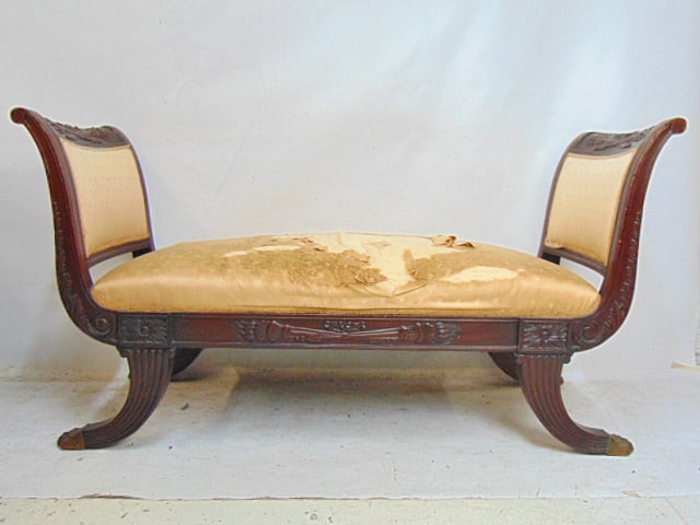 19th Century Duncan Phyfe style window seat, carved detail on legs, armes, upholstery needs (1 of 6)