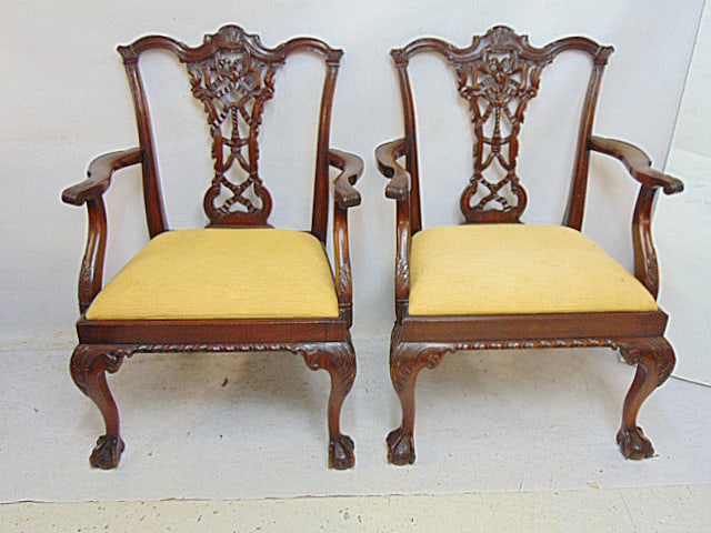 Pair centennial Chippendale armchairs in mahogany, upholstered seats, ribbon carved backs & ball & (1 of 5)