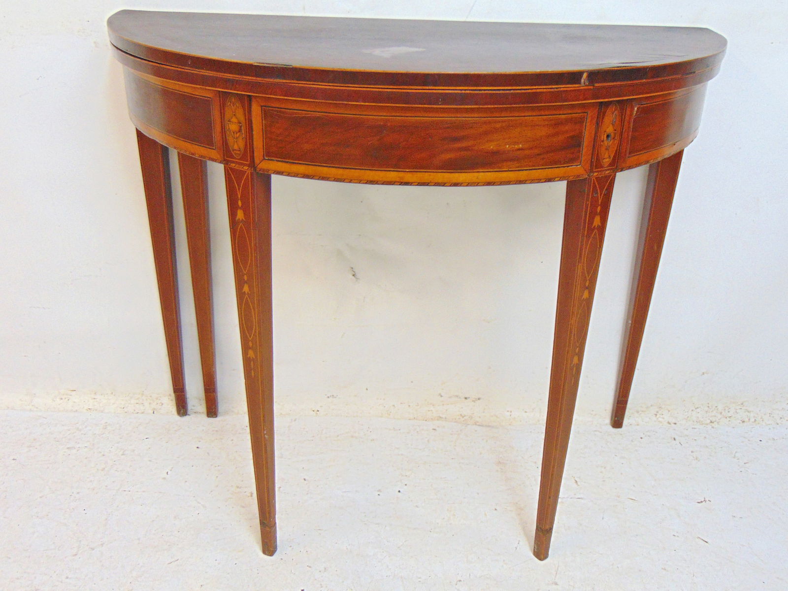 Inlaid demi lune table, table is 35" wide, height is 29", nice inlaid detail on legs, depth 17.25" (1 of 6)