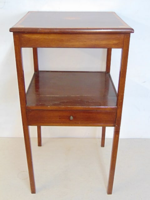 Mahogany inlaid stand with single drawer, repaired leg, stand is 15.5" by 15.75", height is 29.5", (1 of 4)