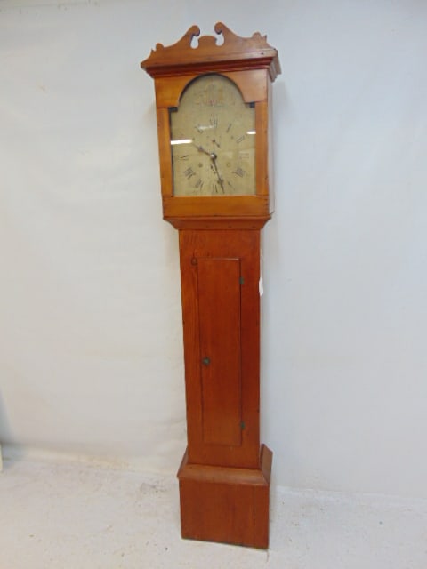 Country tall case clock, cherry (pine?) case, paint decorated dial, two weights, clock is 17.75" (1 of 7)