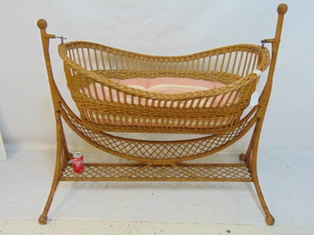 Wicker crib on decorative wicker base, natural finish, with custom bedding, crib is 47" wide, 26" (1 of 5)