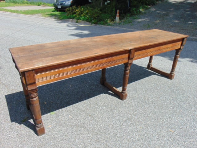 Long harvest style table with incised skirt, table is 99" by 25", height is 31 (1 of 4)