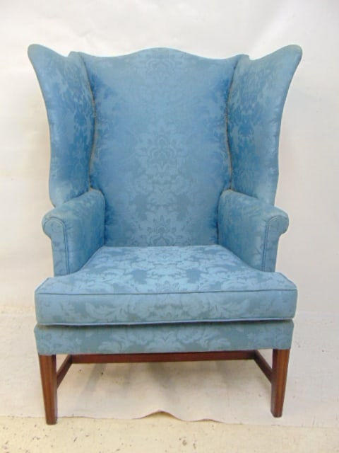 Wingback armchair, blue pattern upholstery Chippendale legs, stretcher base, chair is 35.5" wide, (1 of 4)