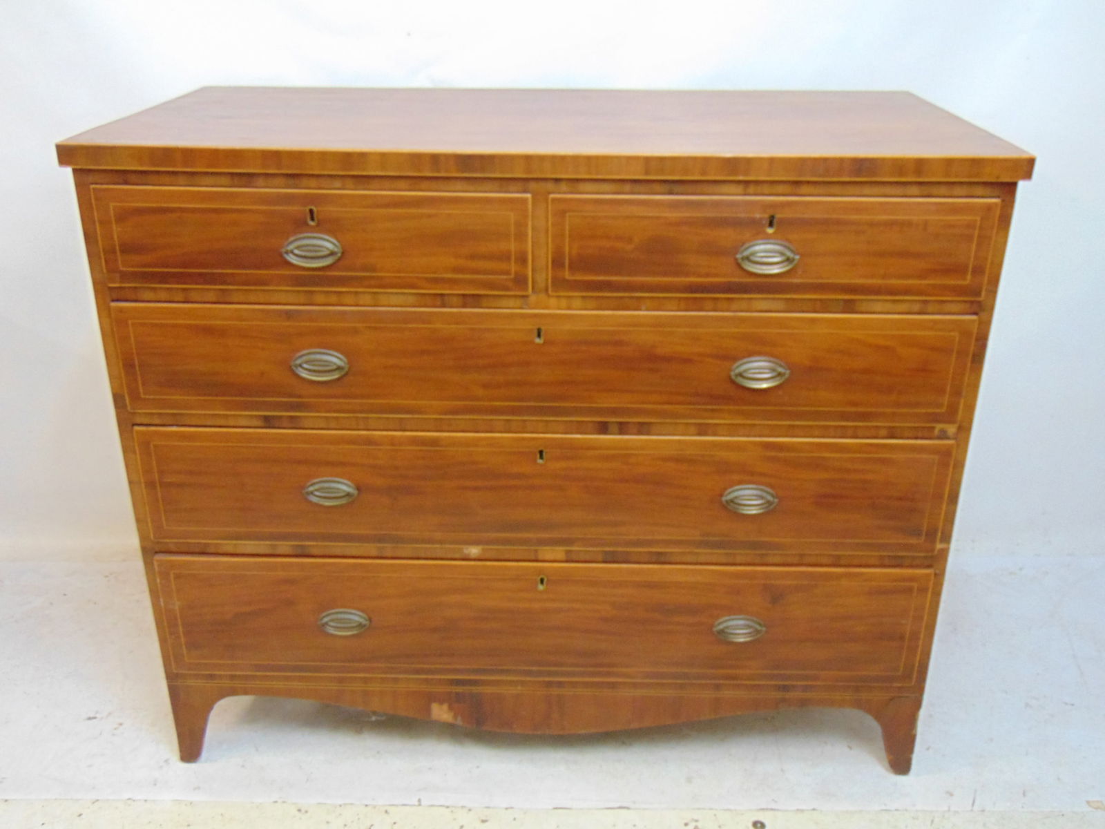 Inlaid mahogany chest of drawers, 2 over 3, Hepplewhite, some veneer loss at bottom skirt, inlaid (1 of 7)