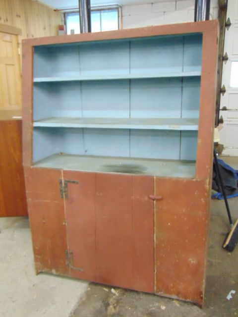 Country cupboard, open top, red paint exterior, blue paint interior, single door, cabinet is 51" (1 of 5)
