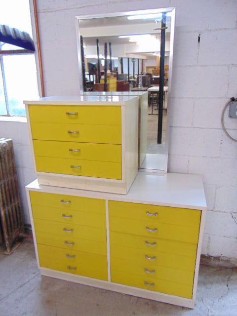 Mid Century bedroom set, dresser with mirror & nightstand, in white with yellow drawers, chest is (1 of 6)
