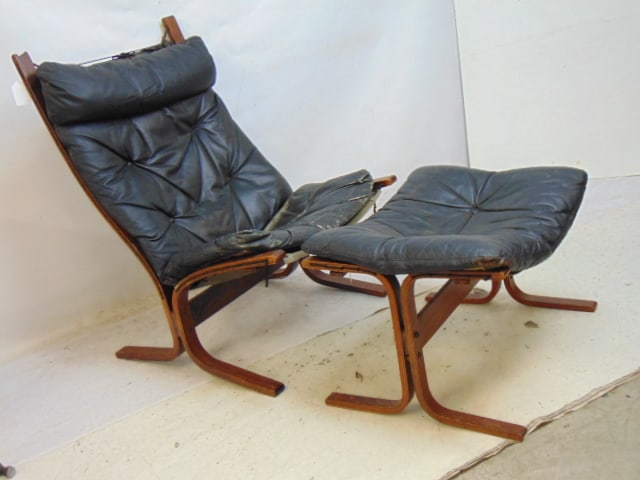 Westnofa Norwegian chair & ottoman, worn black leather seat, chair is 25" wide, 34" deep, height is (1 of 6)