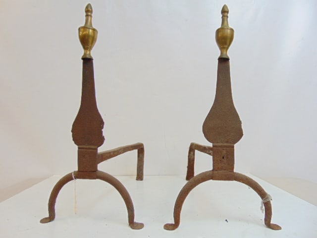 Pair antique knife blade andirons with brass finials, metal is rusted, some loss, see images, (1 of 5)