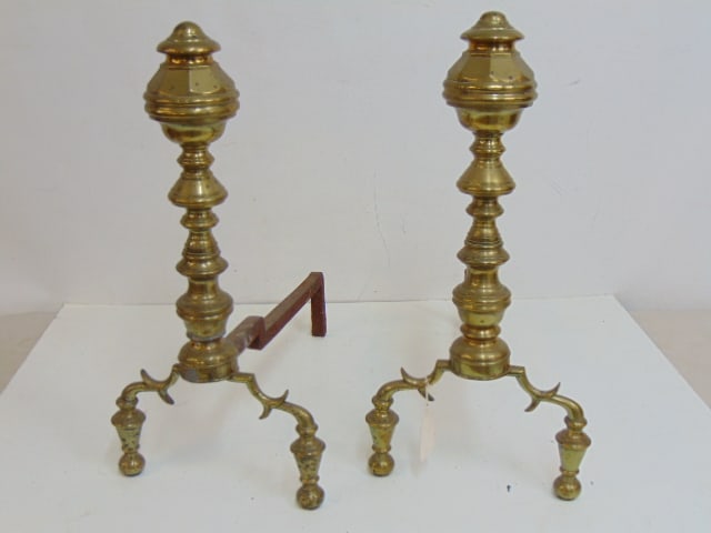Pair antique brass andirons, beehive style tops, andirons are 20" tall, 9.5" wide, depth is 18" (1 of 4)