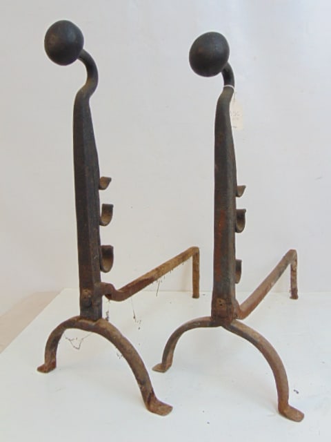 Pair of forged iron andirons with ball finials, no cross bar, andirons are 25" tall, 12" wide, depth (1 of 4)