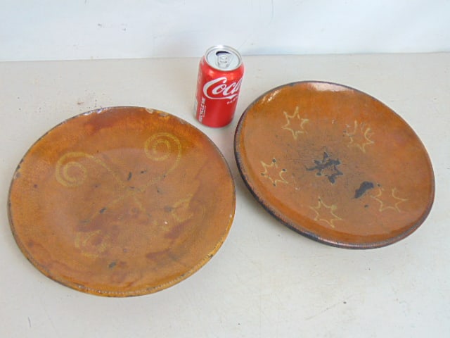2 redware plates with slip decoration, crimped edge, 11.5" & 12", one has chip in center. (1 of 6)