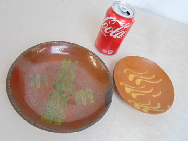 Two small redware slip plates, one with rope edge, large dish with rope edge has chip on rim, & (1 of 4)