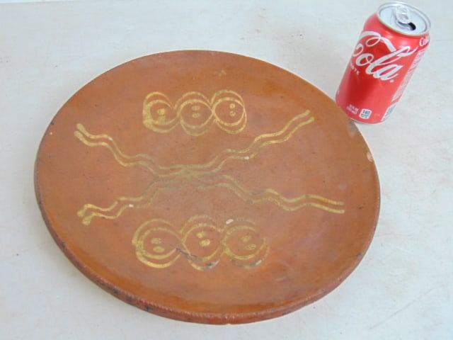 Redware plate with slop decoration, 2 small chips on edge, 12" (1 of 4)