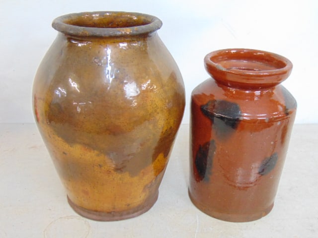 2 pieces redware, ovoid glazed jar & glazed straight jar with black spots (chip on rim), ovoid jar (1 of 6)