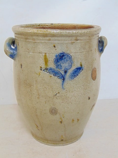 Stoneware ovoid jar with handles & floral decoration, jar is 11.75" tall, 10" wide (handles) (1 of 7)